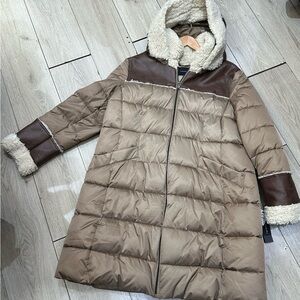 Tahari Tan and Brown Puffer Coat with Shearling Trim